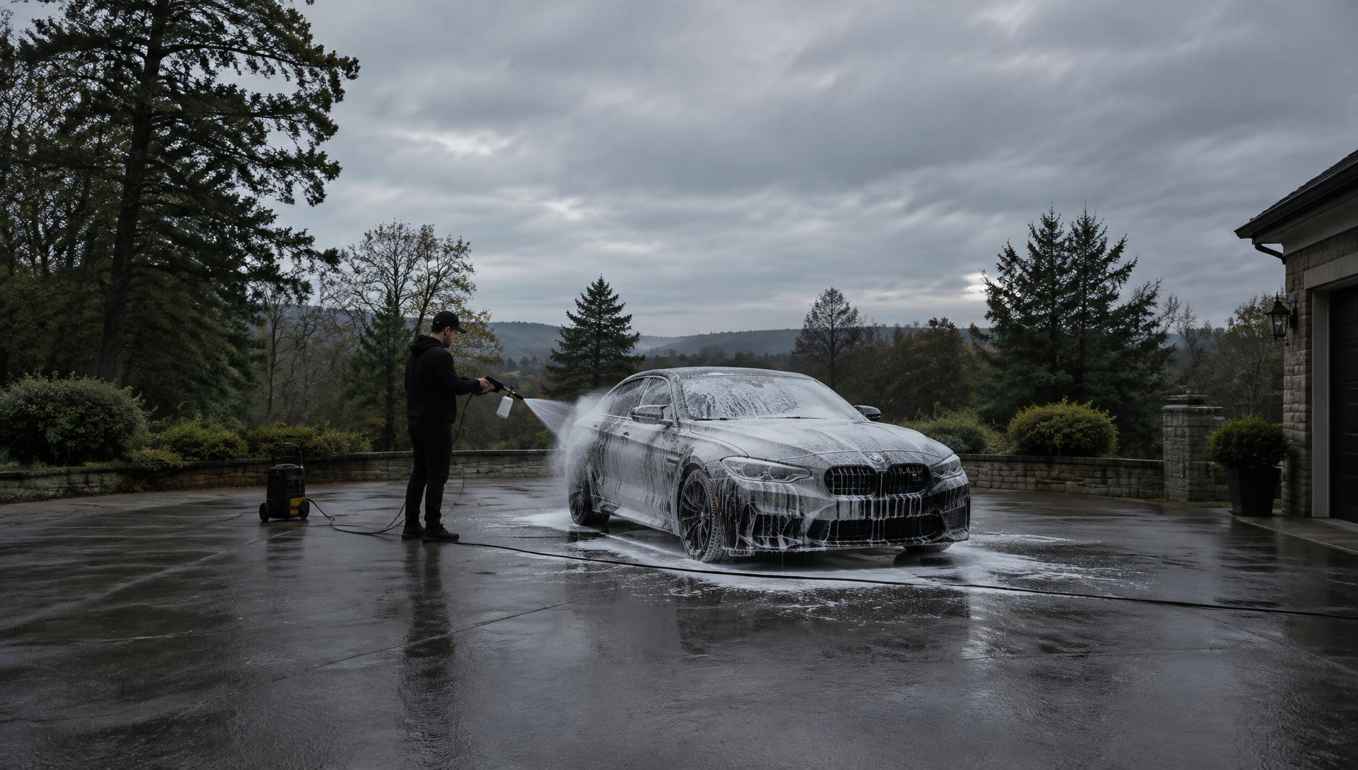 Top Notch Detail applying a foam wash to a black vehicle
